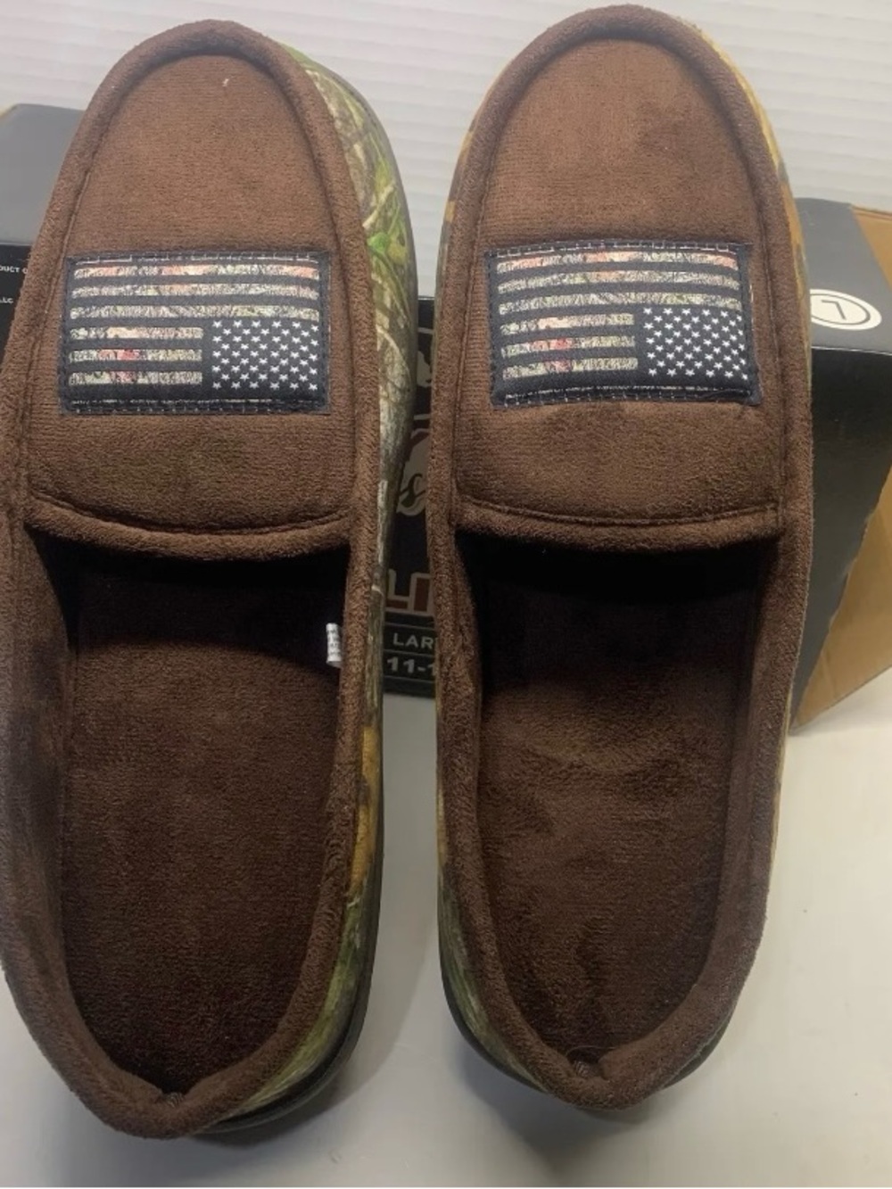 Mossy Oak Brown Camo-Accent Slip-On Loafers with Flag Patch